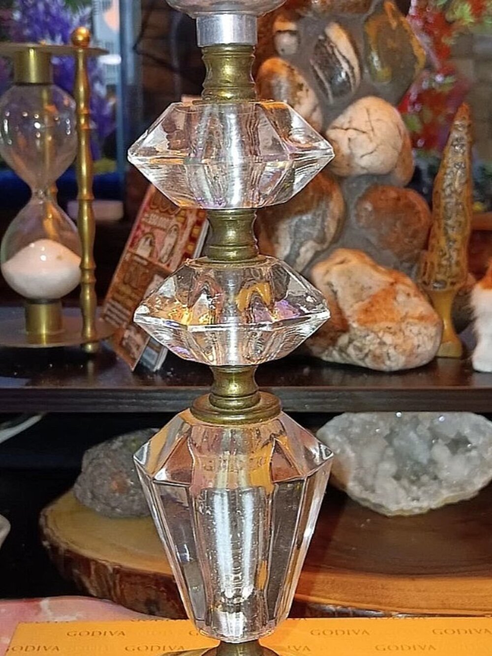 Elegant Clear Crystal-Style Table Lamp Base with Brass Accents
